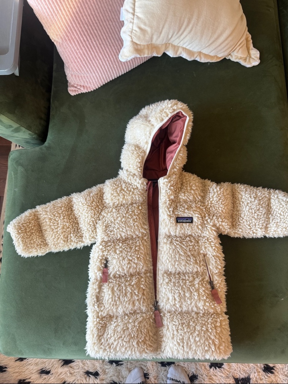 Patagonia Cream Sherpa Hooded Coat with Pink Lining